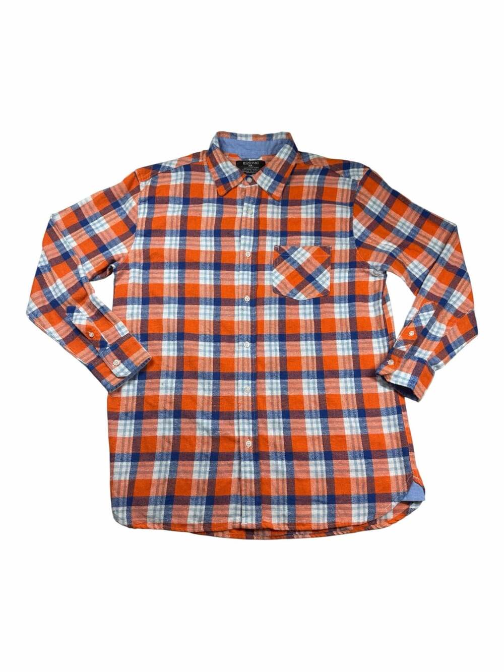 Bogari Mens XL Orange Blue Plaid Flannel Button Up Long Sleeve Cotton Blend